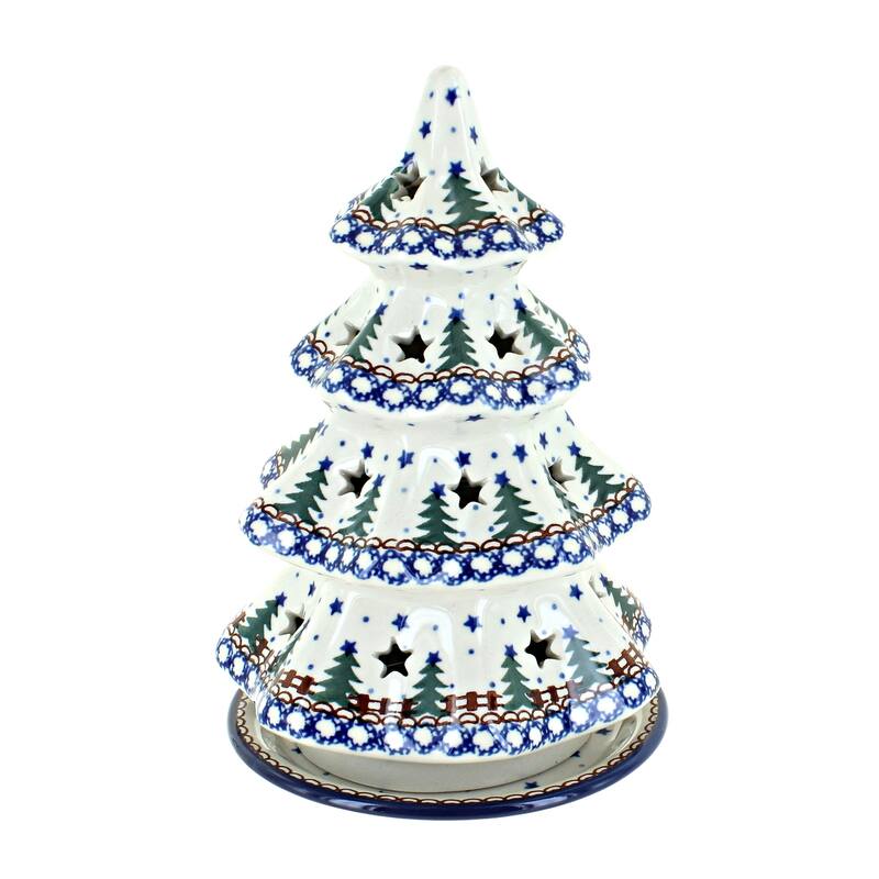 Blue Rose Polish Pottery 602 Ceramika Artystyczna Large Christmas Tree Luminary - Rustic Pines