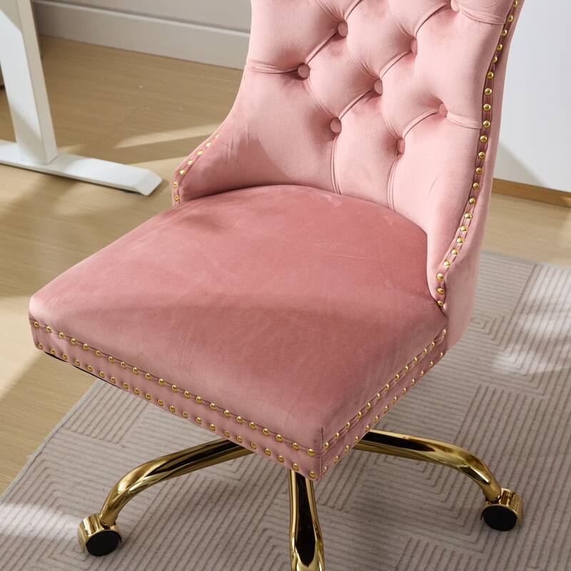 GDF Studio - Velvet Tufted Upholstered Home Office Chair with Golden Metal Base with Swivel Adjustment and Elegant Button Back