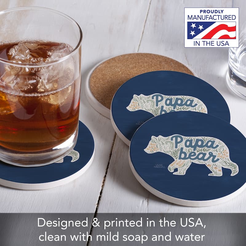 Papa Bear 4 Pack Absorbent Stone Coasters with Protective Cork Backing Made in The USA Absorbent Easily Wipes Clean