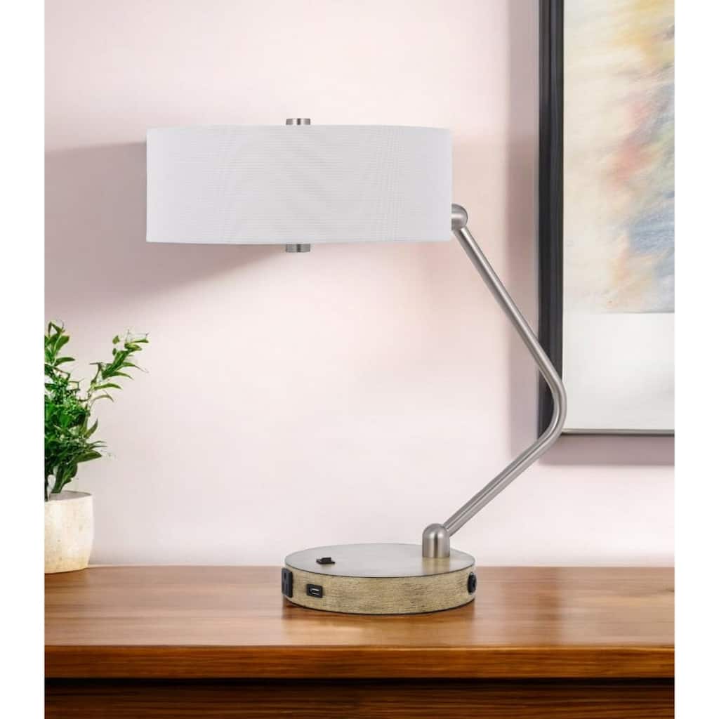20" Lantern 2-Light Desk Lamp with USB Port Brown Metal Base and White Fabric Drum Shade for Office - 20”H x 12.5”W x 12.5”D