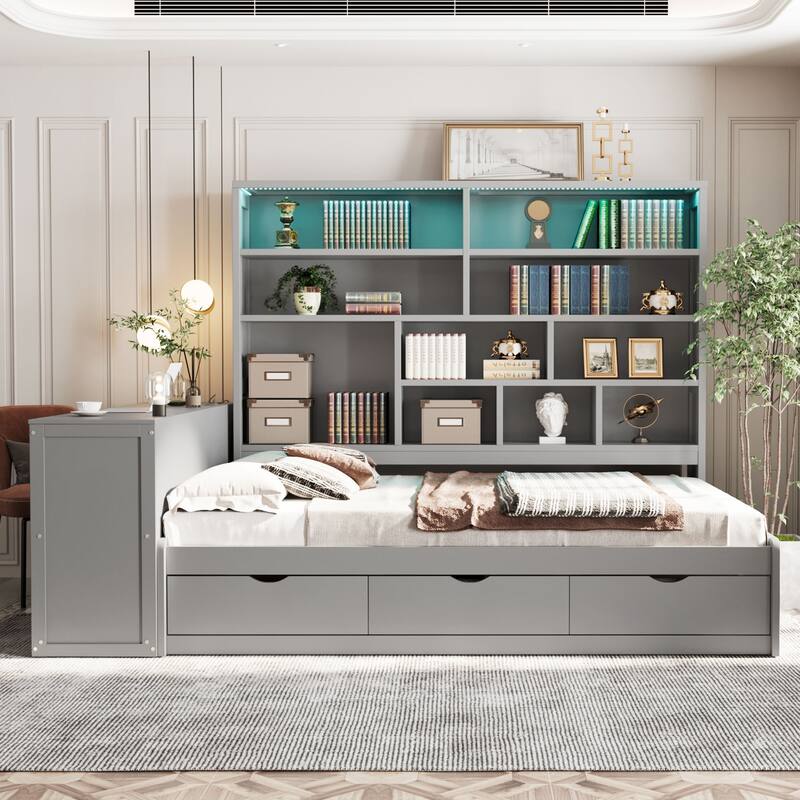 Full Size Wooden Daybed with Desk, Shelves, Drawers, and Lights in Gray - Gray