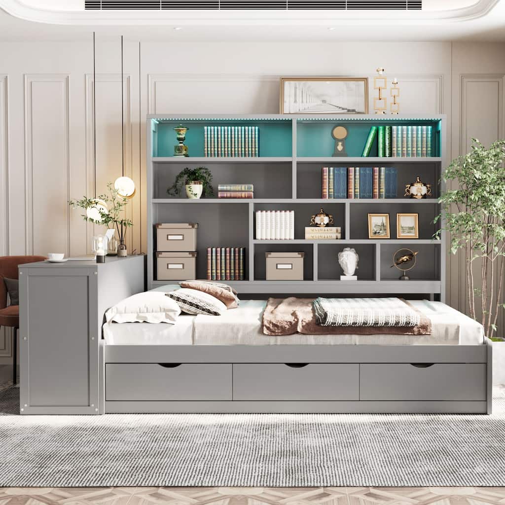 Full Size Wooden Daybed with Desk, Shelves, Drawers, and Lights in Gray