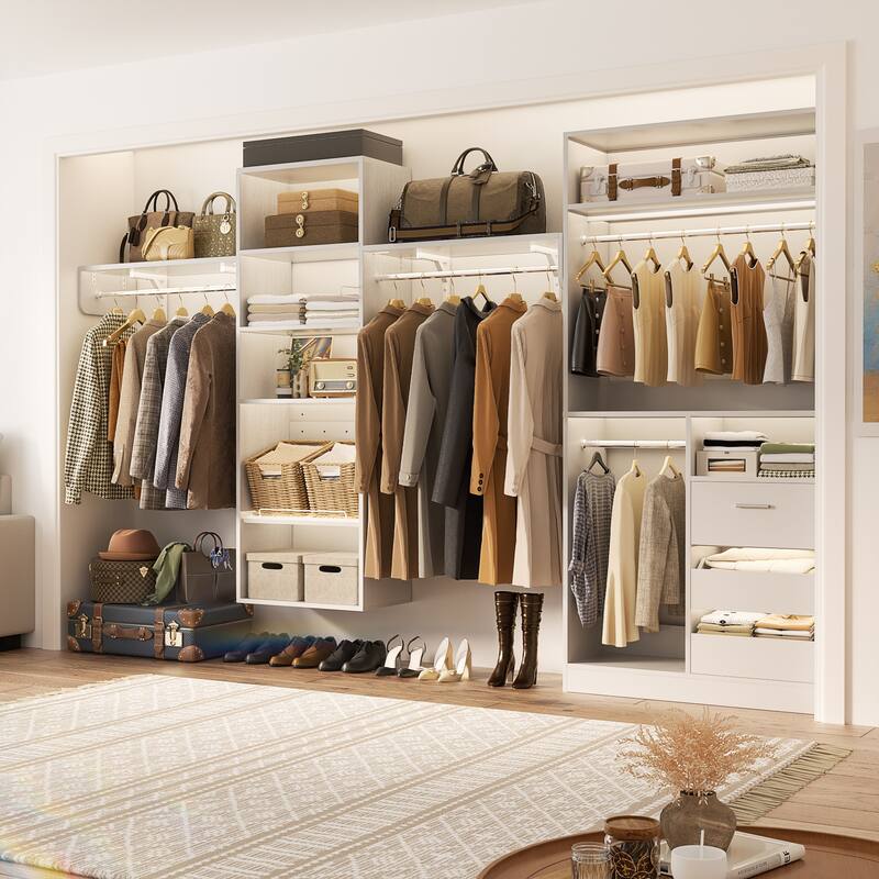 Qvella 59"-132" Closet System with Adjustable Shelves and Drawers,Multi-Functional Combination Wardrobe System Closet Organizer