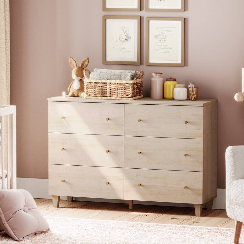 Wood Dresser with 6 Drawers for Bedroom, Closet, Nursery