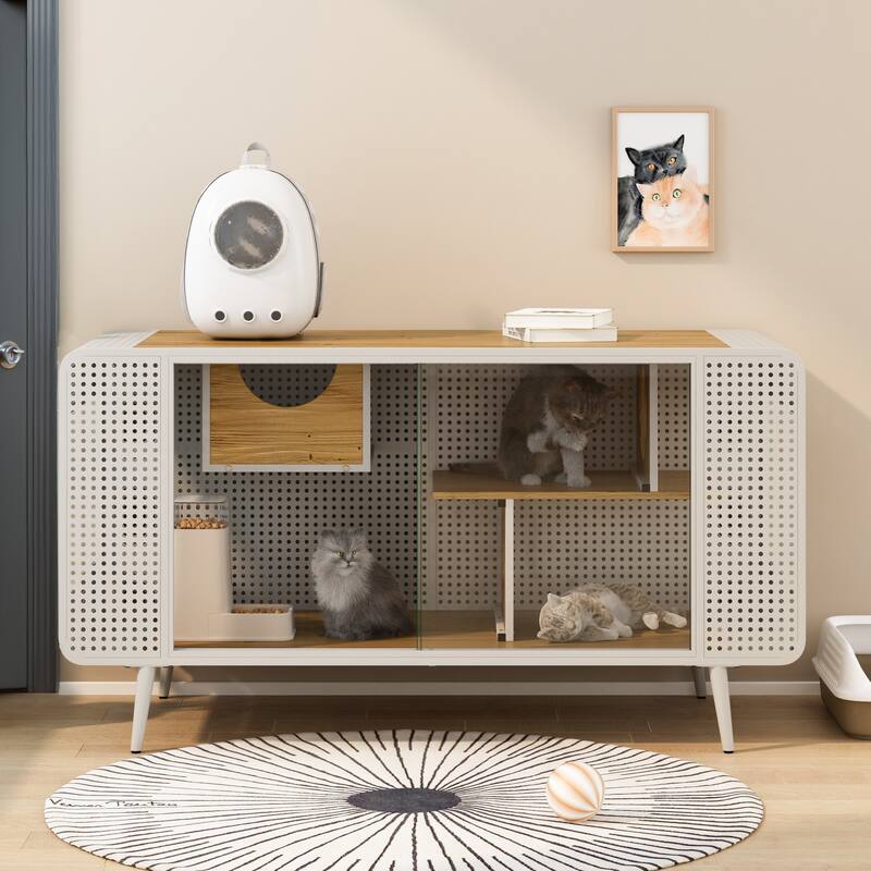 55.12" Spacious Cat House with Tempered Glass - White+Brown