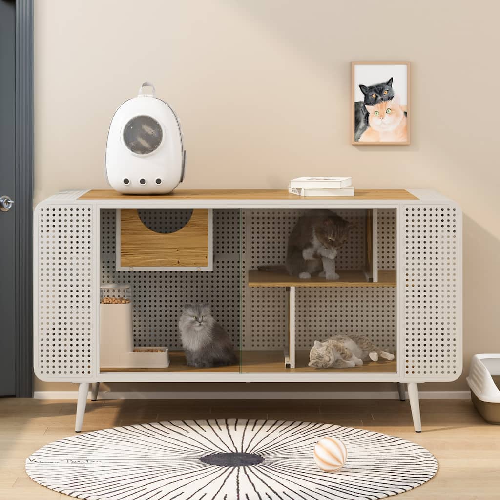 Roomfitters 55.12'' Spacious Cat House with Tempered Glass - Ideal for Living Room, Hallway, Study, White