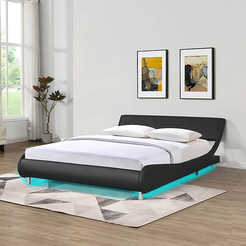 Faux Leather Queen Size Upholstered Platform Bed Frame,LED Lighting with Remote Controller and APP,Wood Slat Support - Black