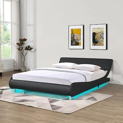 Faux Leather Queen Size Upholstered Platform Bed Frame,LED Lighting with Remote Controller and APP,Wood Slat Support