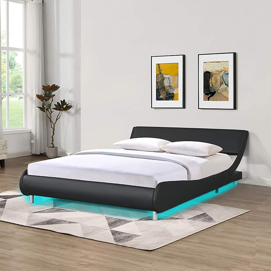 Queen Faux Leather Bed Frame with RGB LED Lighting, Remote/App Control, Wood Slat Support, Curved Design, No Box Spring Need