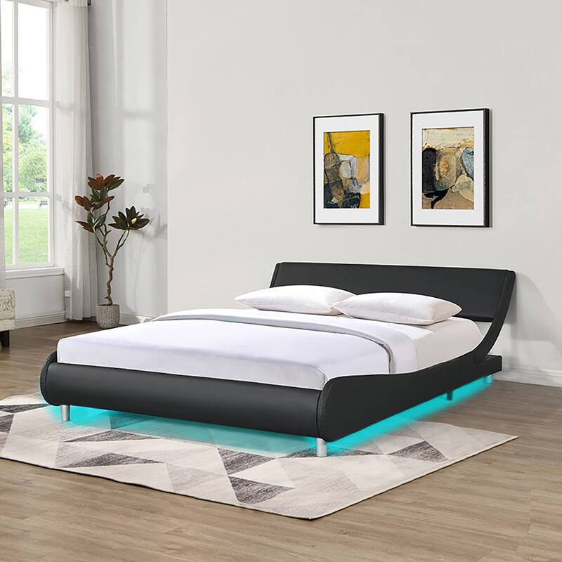 Queen Platform Bed Frame, Faux Leather Upholstery, LED Lighting, Curve Design,Black - Black