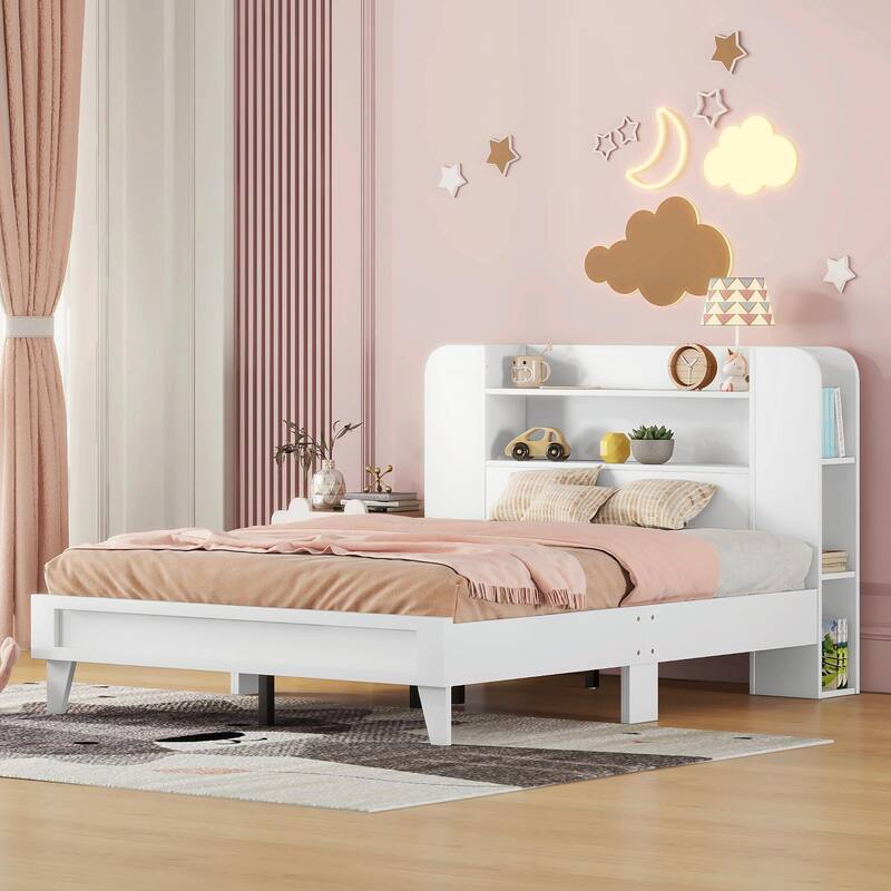 Platform Bed with Storage Headboard, Multiple Shelves on Both Sides
