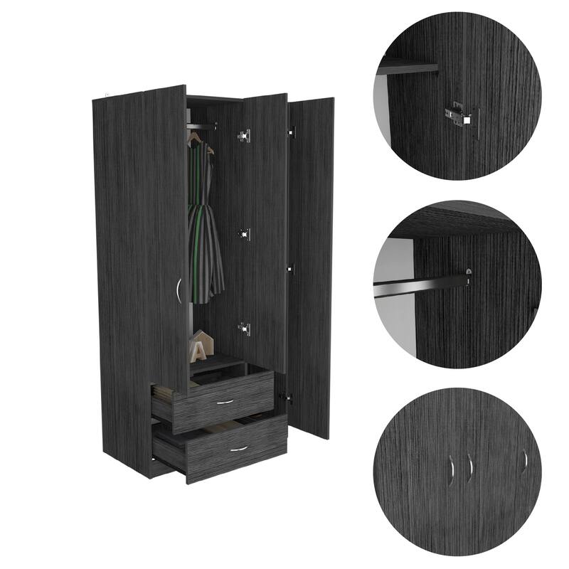 35.4" Modern Three-door Armoire with Two Drawers, Shelves and Hanging Rod