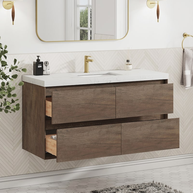 Sylphar 48 inch Bathroom Vanity with Sink, Floating Oak Cabinet with Stone Top