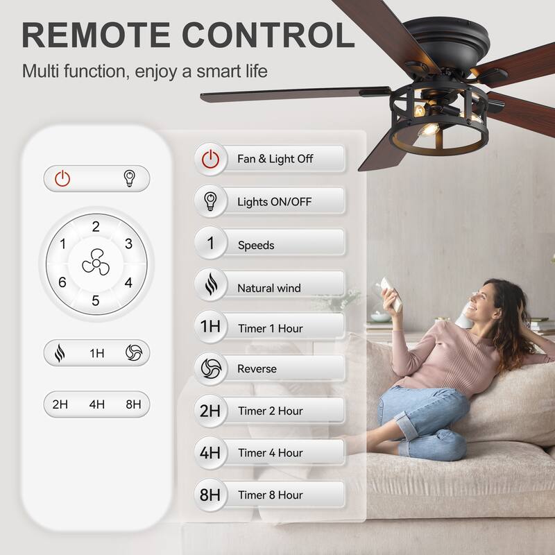 52-inch Flush Mount Caged Ceiling Fan with Light and Remote(5 Reversible Blades)