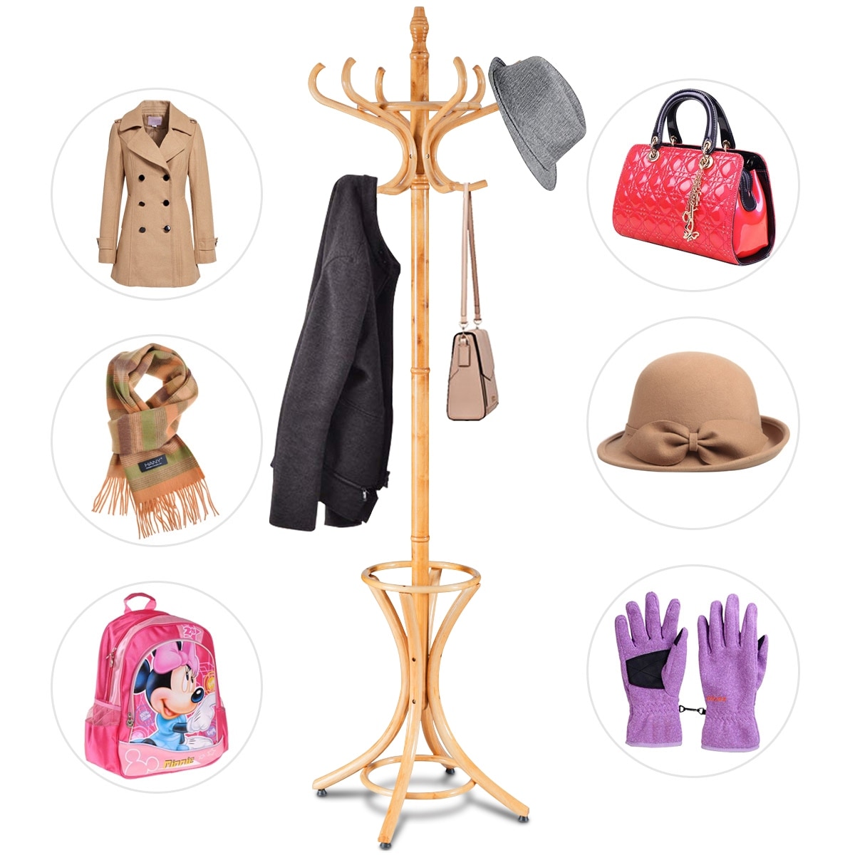 Shop Gymax Wood Standing Hat Coat Rack Jacket Bag Hanger Tree 12