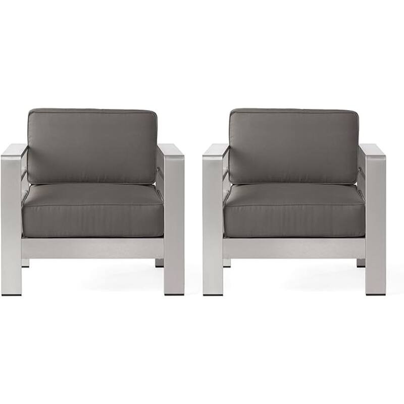 Roomfitters Cape Coral Outdoor Aluminum Club Chairs with High Density Foam Cushions, Silver and Grey - Set of 2