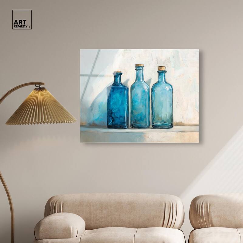 Three Blue Bottles Acrylic by Art Remedy, Ready to Hang