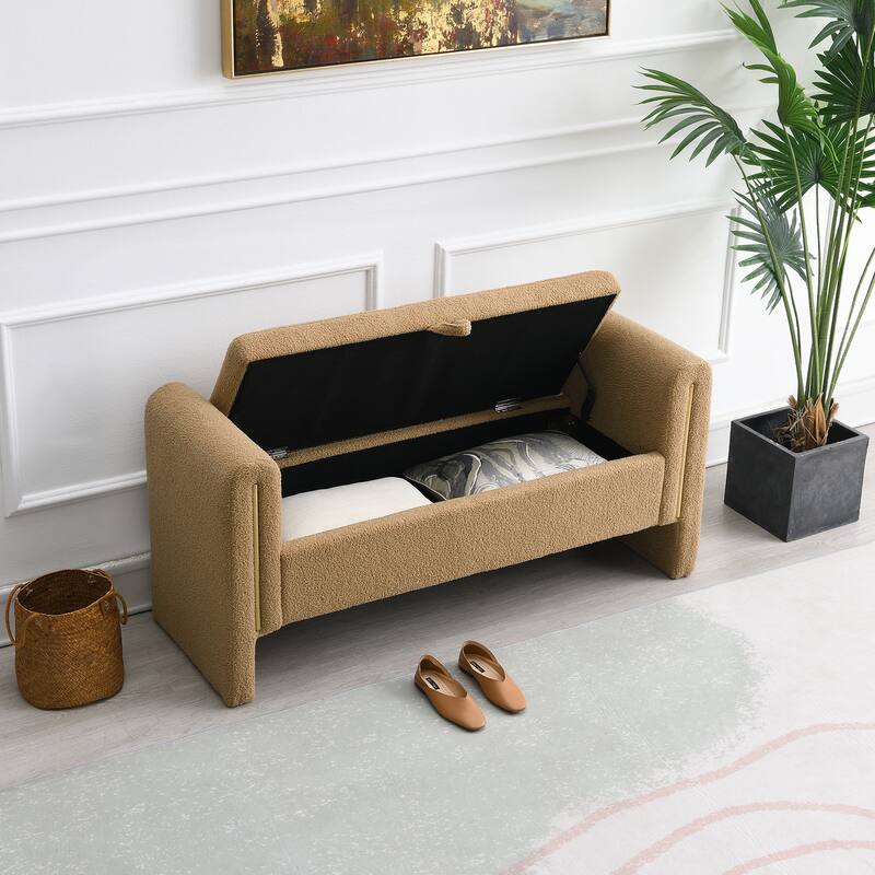 Modern Teddy Upholstered Bed End Bench with Storage and Arms