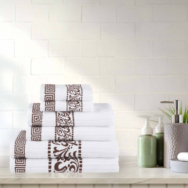 Superior Athens Cotton Floral Border Greek Key 6-Piece Towel Set - Chocolate
