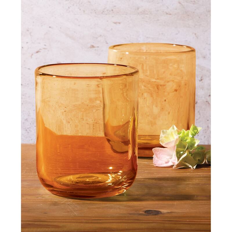 Bloomhouse Sayulita Spring 8 Piece Hand Made 16 OZ Amber Glass Double Old Fashioned Set W/ Coasters