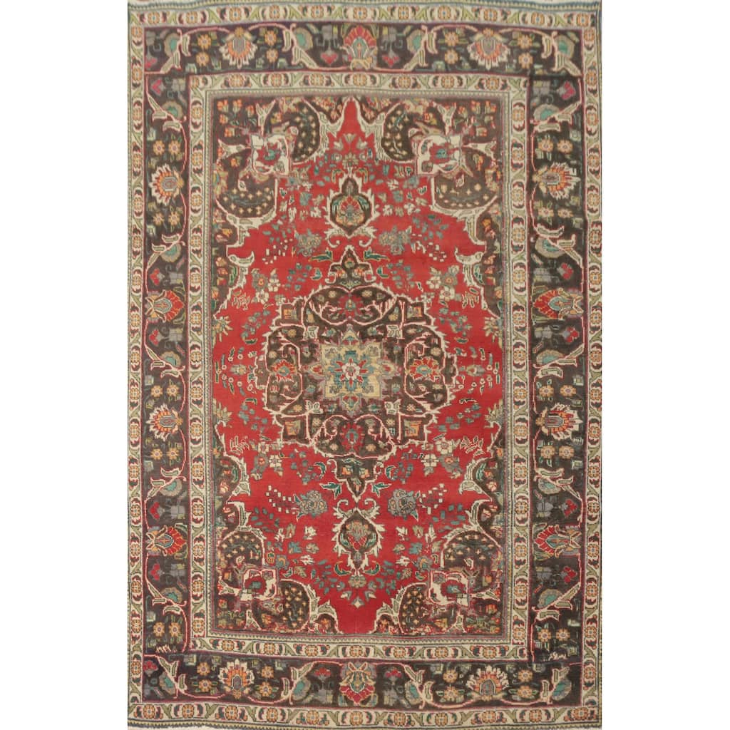 Hand Knotted Oriental 100% Wool Carpet Traditional Floral Red Tabriz Area Rug - 9' 4'' X 6' 5''