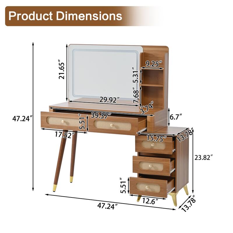 47"Makeup Vanity with Mirror and Lights, Vanity Desk with 5 Drawers and Storage Shelf, 3 Color Modes and Adjustable Brightness