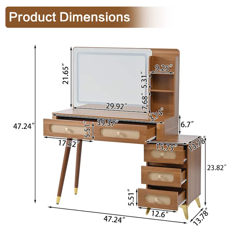 47'' Vintage Makeup Vanity with Mirror and Lights, Dressing Table with 5 Drawers, Storage Shelf & Rattan Design