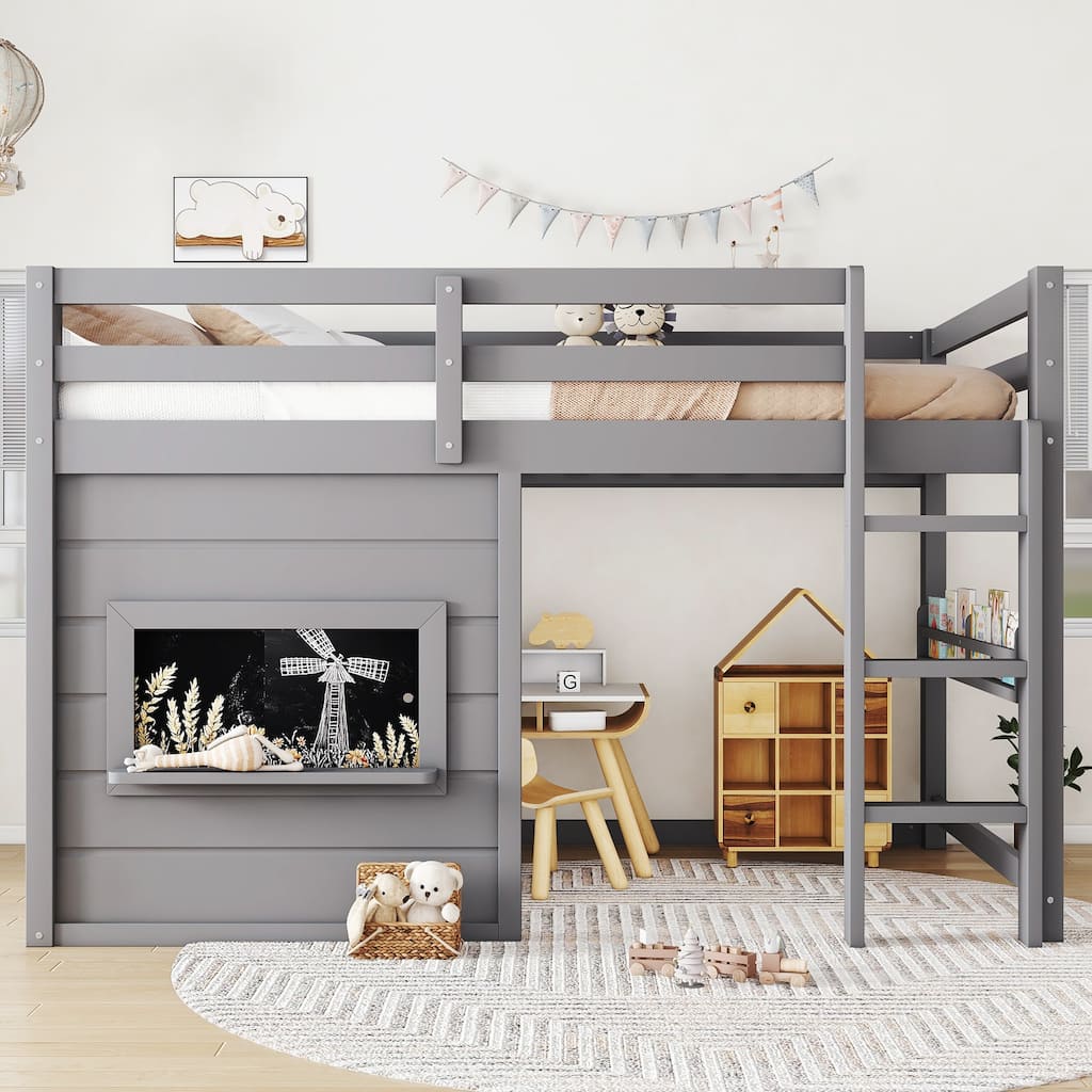 Twin Size loft bed with a playful sliding chalkboard, built-in bookshelf, and high-quality safety rails
