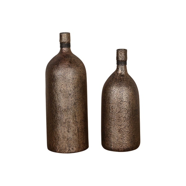 Set of 2 Textured Antiqued Gold Vases 18” - N/A