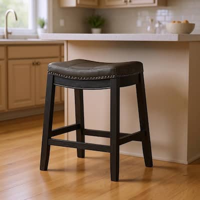 HomeRoots 26" Charcoal and Black Faux Leather and Solid Wood Backless Counter Height Bar Chair