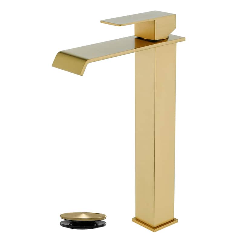 Waterfall Single Handle Bathroom Vessel Sink Faucet with Pop-up Drain 304 Stainless Steel 1 Hole High Tall Basin Vanity Faucets - Brushed Gold