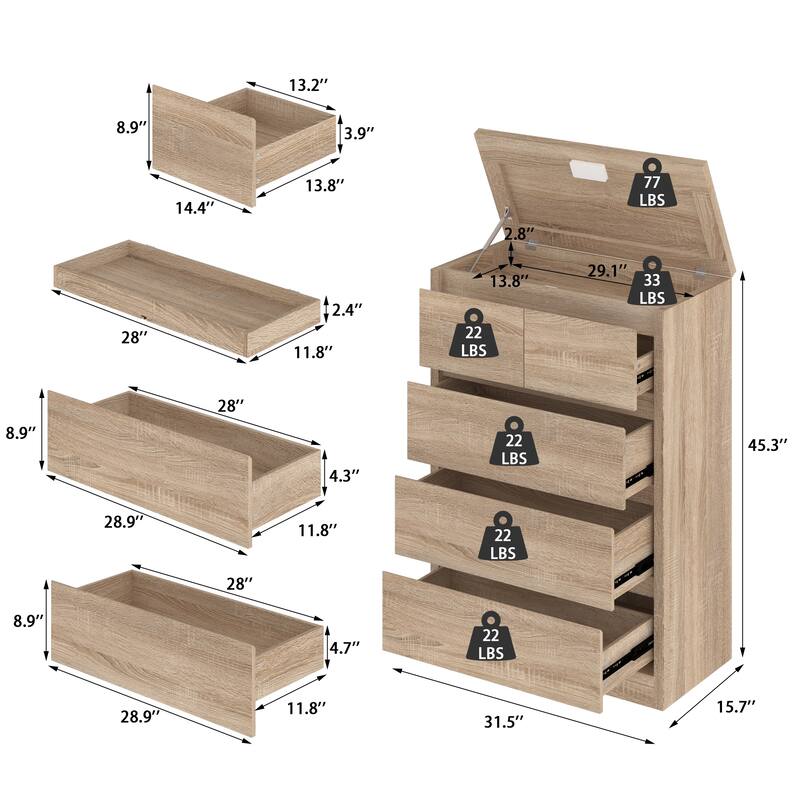 Wood Grain Nightstand,5 Drawers + 3 Hidden Spaces + Flip - Up Top,for Bedroom Privacy
