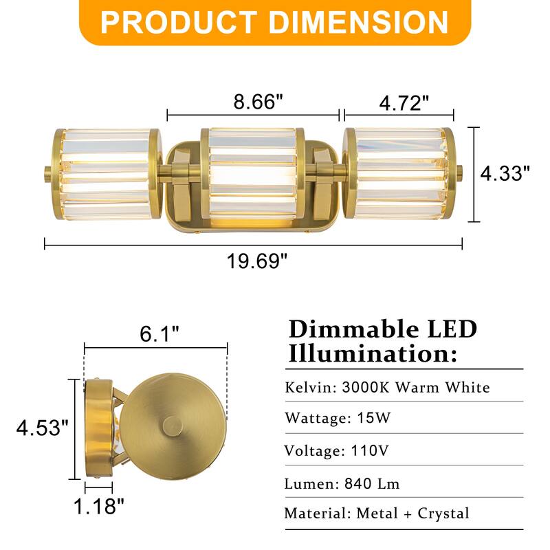 Modern Gold LED Vanity Wall Sconce Crystal Bathroom Light 3-Light