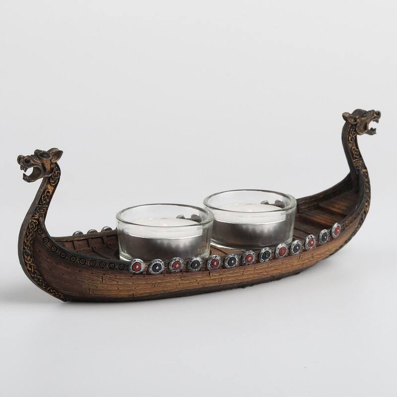 8.07 inches Width Polyresin Viking Boat Tea Light Holder Multicolor Finish Figurine