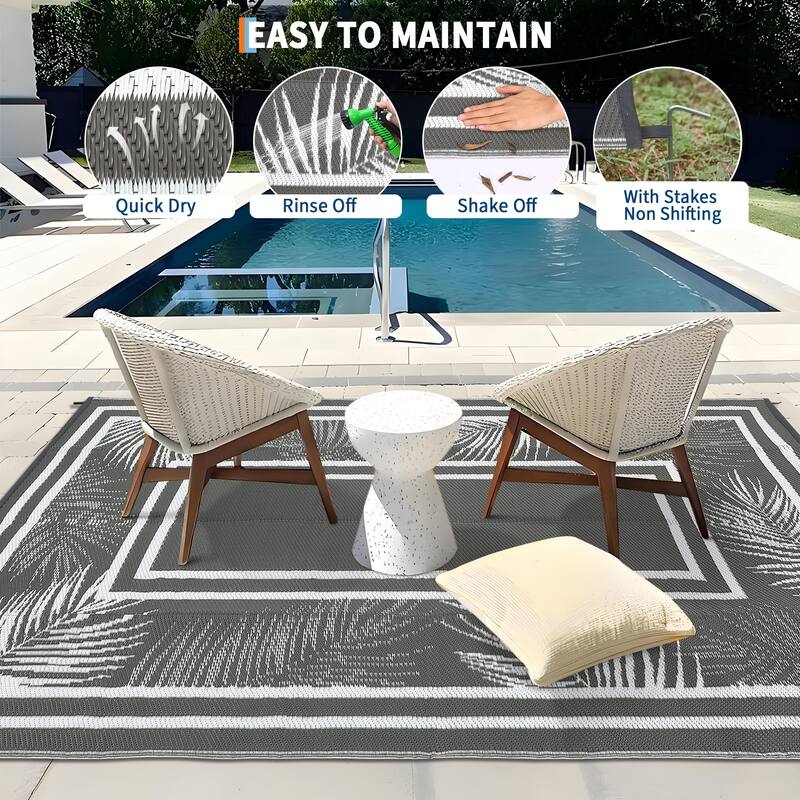Outdoor Rug Waterproof Plastic Straw Rug Portable Camping Rug Leaves Pattern Outdoor Carpet for RV Porch Deck Camper