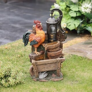Farmhouse Pump and Rooster Resin Outdoor Fountain with LED Lights