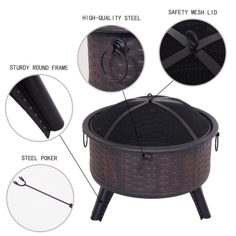 26" Fire Pits for Outside Wood Burning Firepit with Fire Pit Poker and Cover for Backyard,Garden,Camping - 26"D x 26"W x 23"H