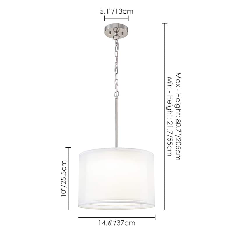 Modern 1-Light Double Fabric LED Pendant Light, 18W Warm 3000K, Satin Nickel/White for Dining Room - 1 Light