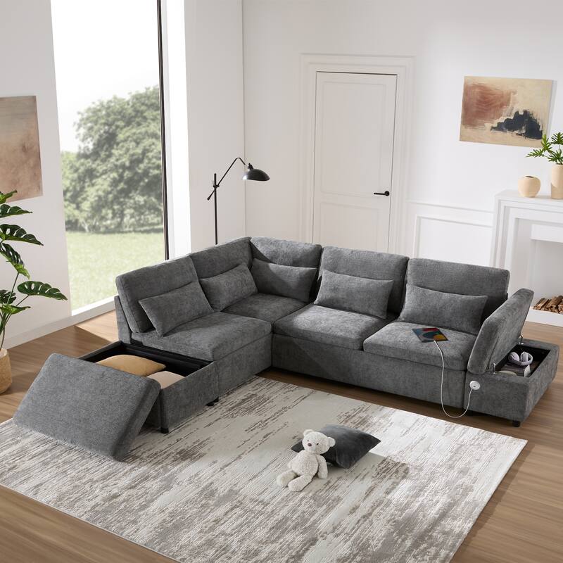 Roomfitters Modular Pull-Out Sofa with Storage Ottoman, L-Shaped Oversized Chenille Sectional for Apartment