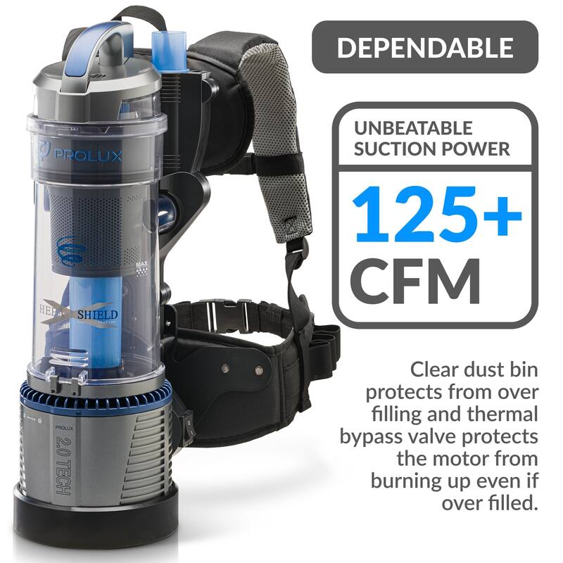 Prolux Lightweight Bagless Backpack Vacuum w/ Power Nozzle and 5yr Warranty - 11"x14"x22"