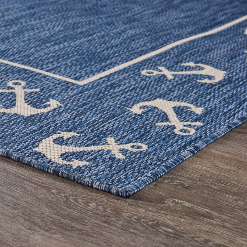 Sevita Tides Nautical Anchor Border Navy/White Performance Indoor/Outdoor Area Rug