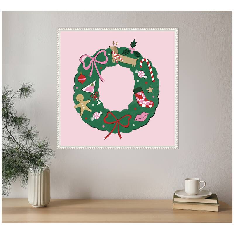 Kate and Laurel Sylvie Beaded Festive Wreath Framed Canvas by Aislinn Simmonds Duchess Plum