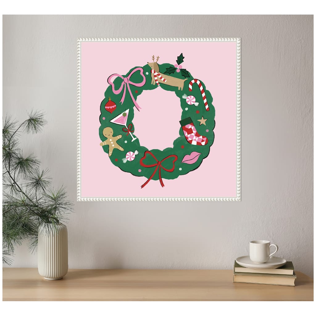 Kate and Laurel Sylvie Beaded Festive Wreath Framed Canvas by Aislinn Simmonds Duchess Plum