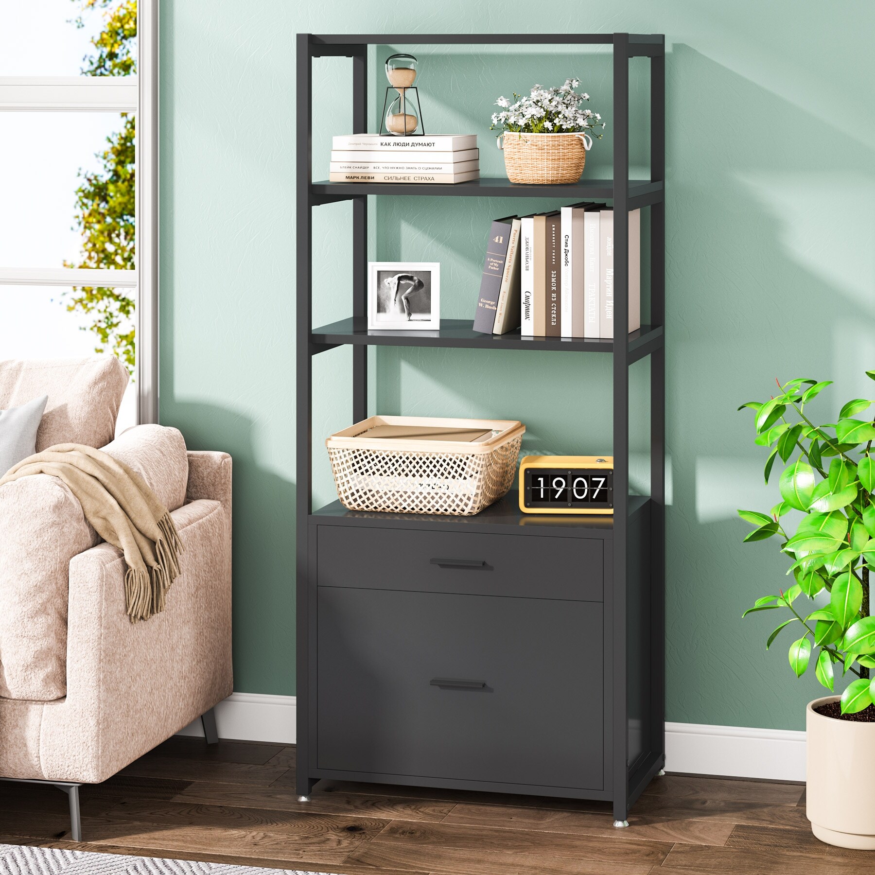 Bookshelf with shop file drawer