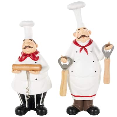 Polystone Chef Kitchen Bottle Opener Holder Sculpture with Beer and Wine Bottle Accessories - Set of 2 White - Roche River Decor
