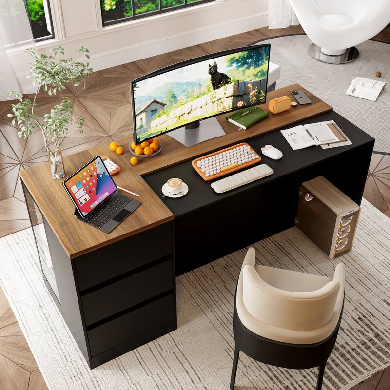 Kitchen Island and Office Desk, Ample Storage, Glass Cabinet & Drawers