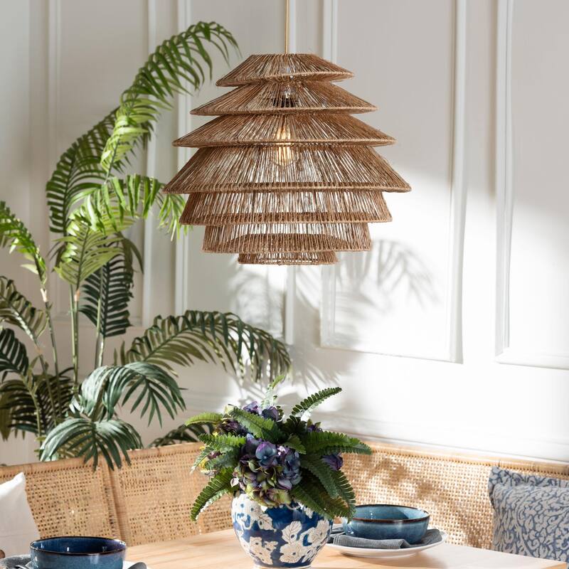 Kaede Handwoven Jute Pendant Lampshade - Coastal Boho Ceiling Light Cover with Tiered Design