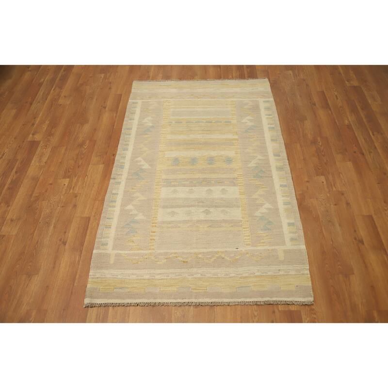 Hand Woven Oriental 100% Wool Carpet Southwestern Tribal Yellow & Gold Kilim Area Rug - 5' 1'' X 3' 1''