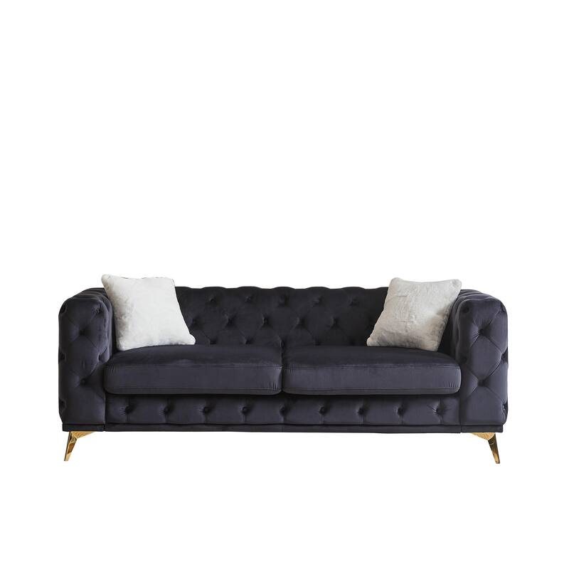 Velvet Upholstered 3 Seater Sofa, Chesterfield Tufted Button Sofa, Lounge Sofa Chair with 2 Pillows & Metal Legs