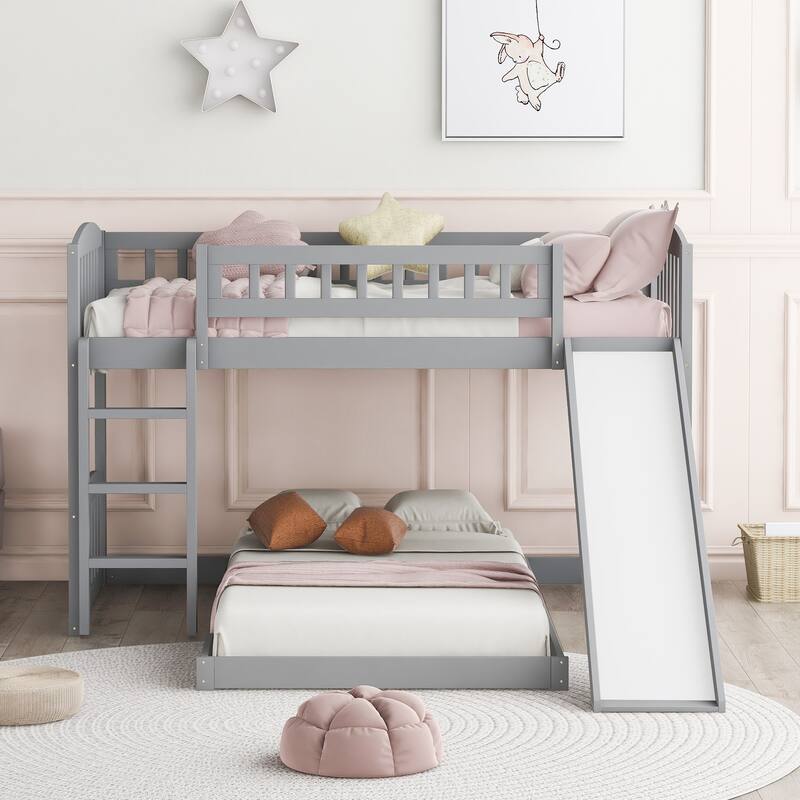 Twin Over Twin Bunk Bed Frame with Slide & Ladder, Solid Wood Low Bunkbeds w/Safety Guardrails, Noise Free, No Box Spring Needed - Gray - Twin